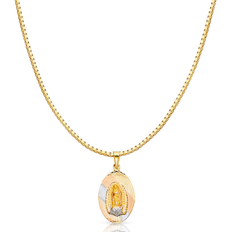 14K Gold Diamond Cut Guadalupe Stamp Religious Charm Pendant With 1.2Mm Box Chain Necklace