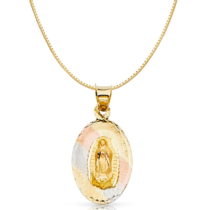 14K Gold Diamond Cut Guadalupe Stamp Religious Charm Pendant With 0.8Mm Box Chain Necklace