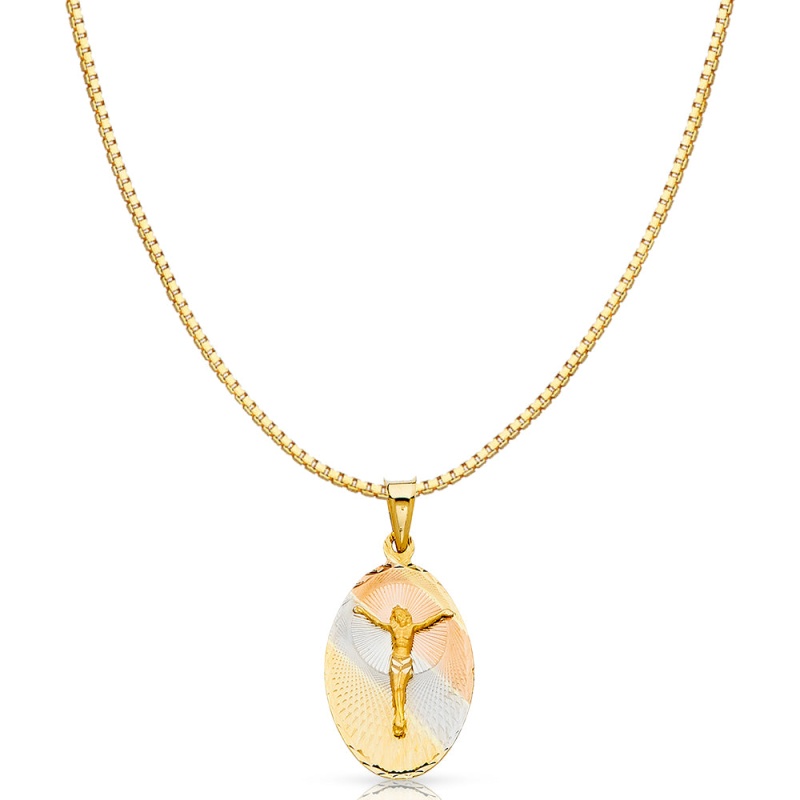 14K Gold Diamond Cut Jesus Crucifix Stamp Religious Charm Pendant With 0.8Mm Box Chain Necklace