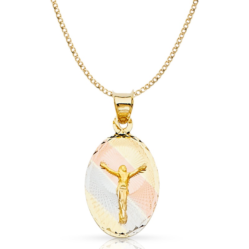 14K Gold Jesus Crucifix Stamp Pendant With 2.3Mm Hollow Cuban Chain
