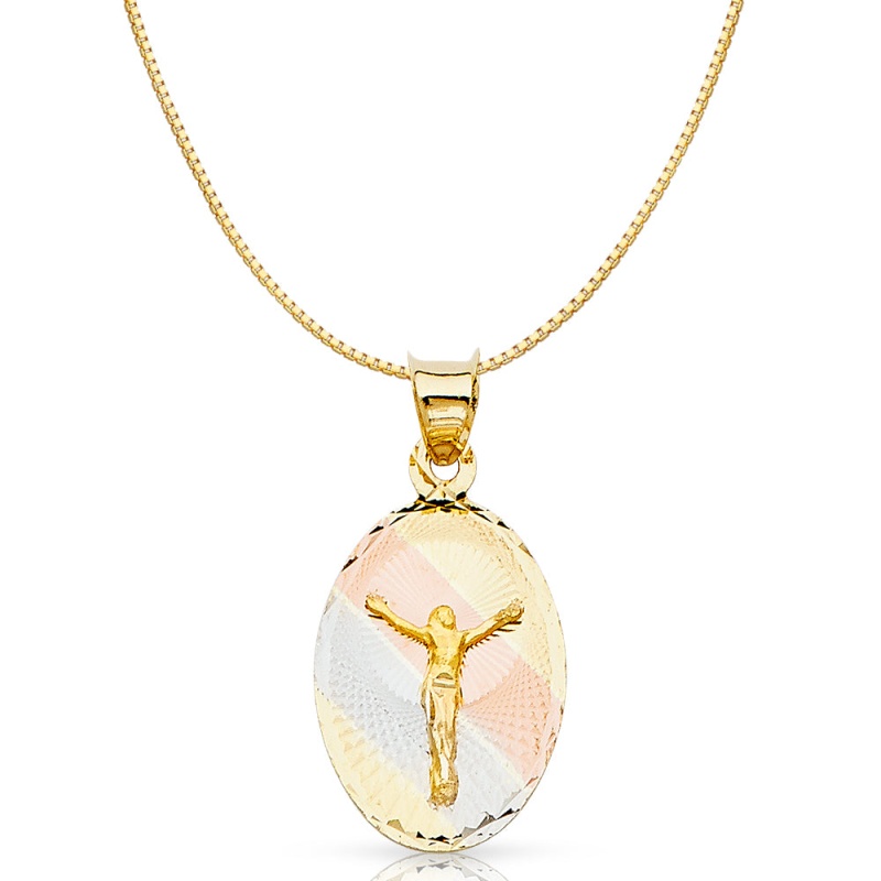 14K Gold Diamond Cut Jesus Crucifix Stamp Religious Charm Pendant With 0.8Mm Box Chain Necklace