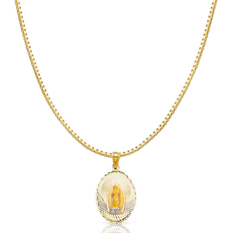 14K Gold Diamond Cut Guadalupe Stamp Religious Charm Pendant With 1.2Mm Box Chain Necklace