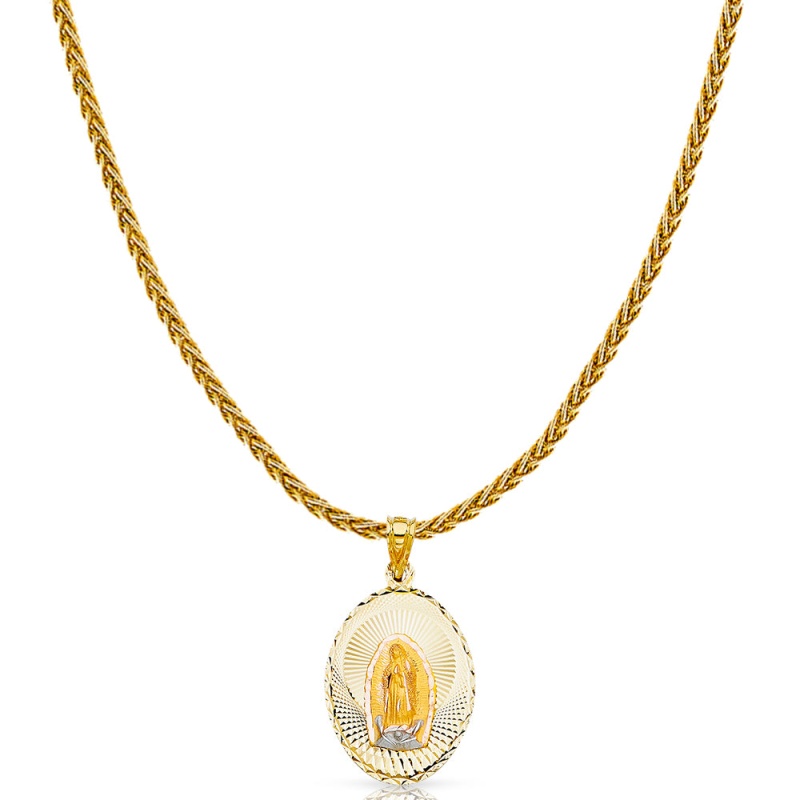 14K Gold Diamond Cut Guadalupe Stamp Charm Pendant With 1.4Mm Round Wheat Chain Necklace