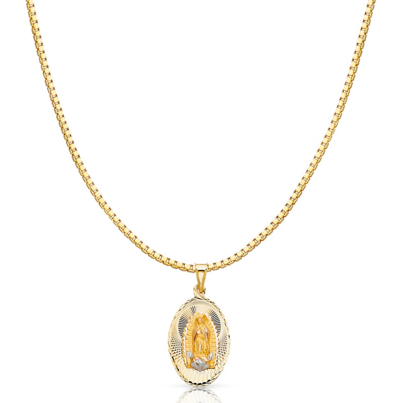 14K Gold Diamond Cut Guadalupe Stamp Religious Charm Pendant With 1.2Mm Box Chain Necklace