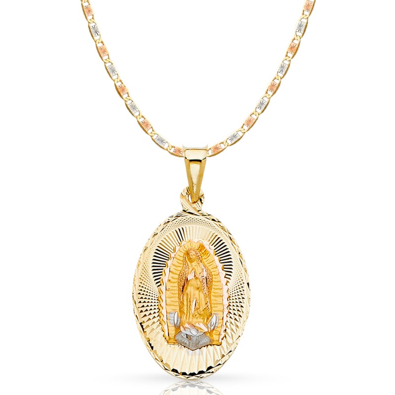 14K Gold Guadalupe Stamp Pendant With 2.6Mm Valentino Star Chain