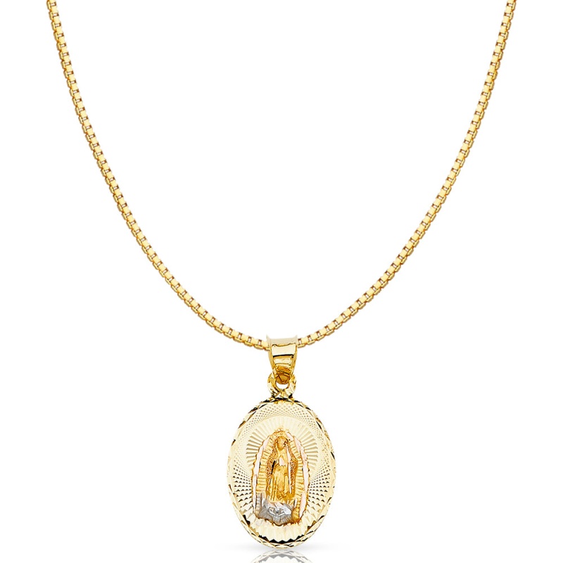 14K Gold Diamond Cut Guadalupe Stamp Religious Charm Pendant With 0.8Mm Box Chain Necklace