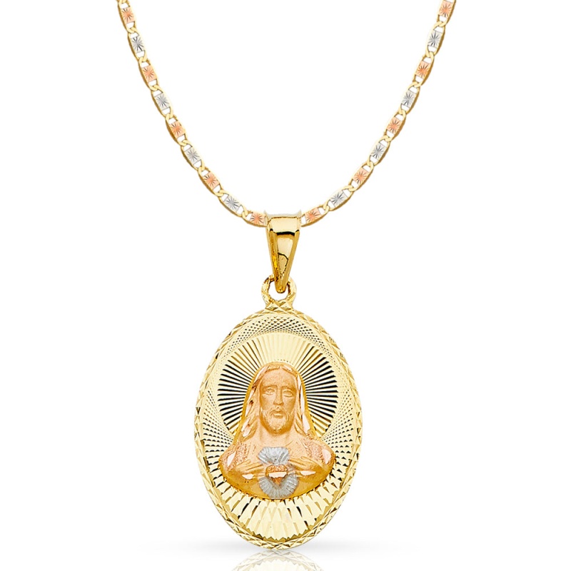 14K Gold Jesus Face Stamp Pendant With 2.6Mm Valentino Star Chain
