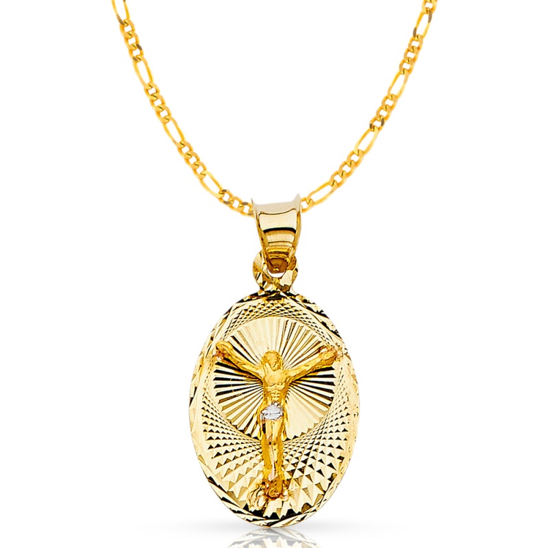 14K Jesus Crucifix Stamp Pendant With 2Mm Figaro 3+1 Chain