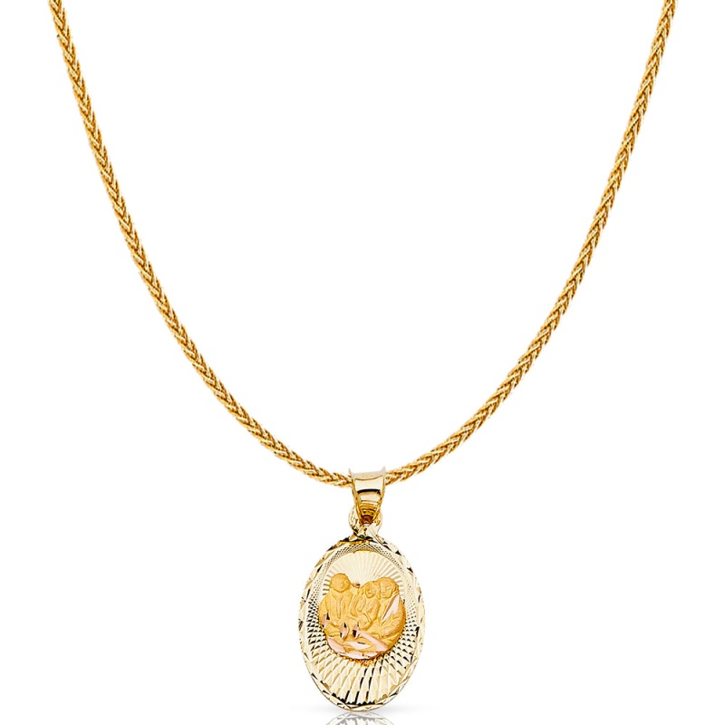 14K Gold Diamond Cut Baptism Stamp Charm Pendant With 1.1Mm Wheat Chain Necklace