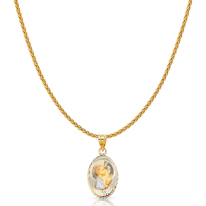 14K Gold Diamond Cut Communion Stamp Charm Pendant With 1.1Mm Wheat Chain Necklace