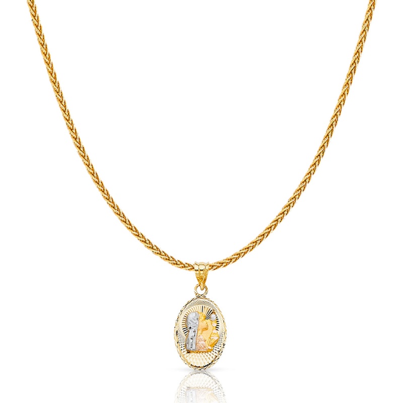 14K Gold Diamond Cut Communion Stamp Charm Pendant With 1.1Mm Wheat Chain Necklace