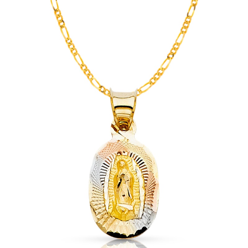 14K Gold Guadalupe Stamp Pendant With 1.6Mm Figaro 3+1 Chain