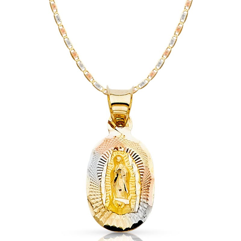 14K Gold Guadalupe Stamp Pendant With 1.5Mm Valentino Chain