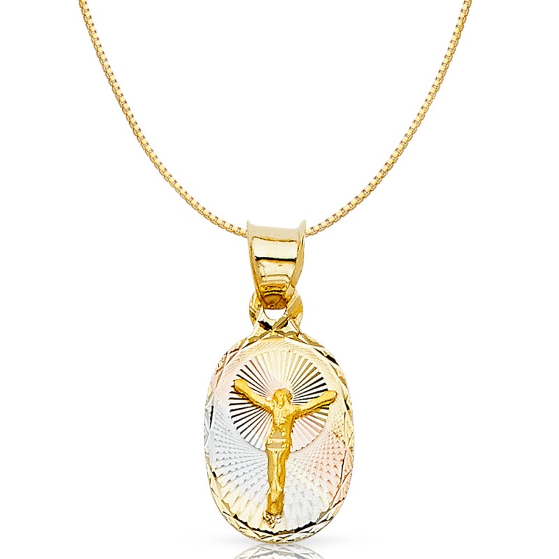 14K Gold Diamond Cut Jesus Stamp Religious Charm Pendant With 0.8Mm Box Chain Necklace