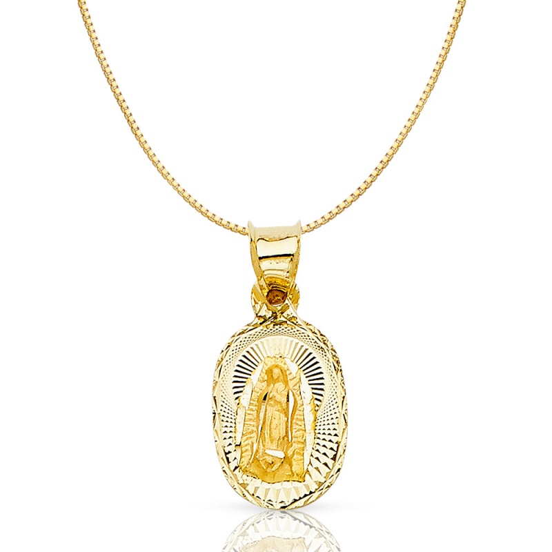 14K Gold Diamond Cut Guadalupe Stamp Religious Charm Pendant With 0.8Mm Box Chain Necklace