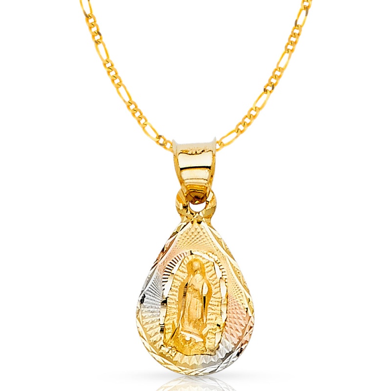 14K Gold Guadalupe Stamp Pendant With 1.6Mm Figaro 3+1 Chain