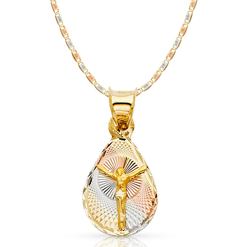 14K Gold Jesus Crucifix Stamp Pendant With 2.1Mm Valentino Chain