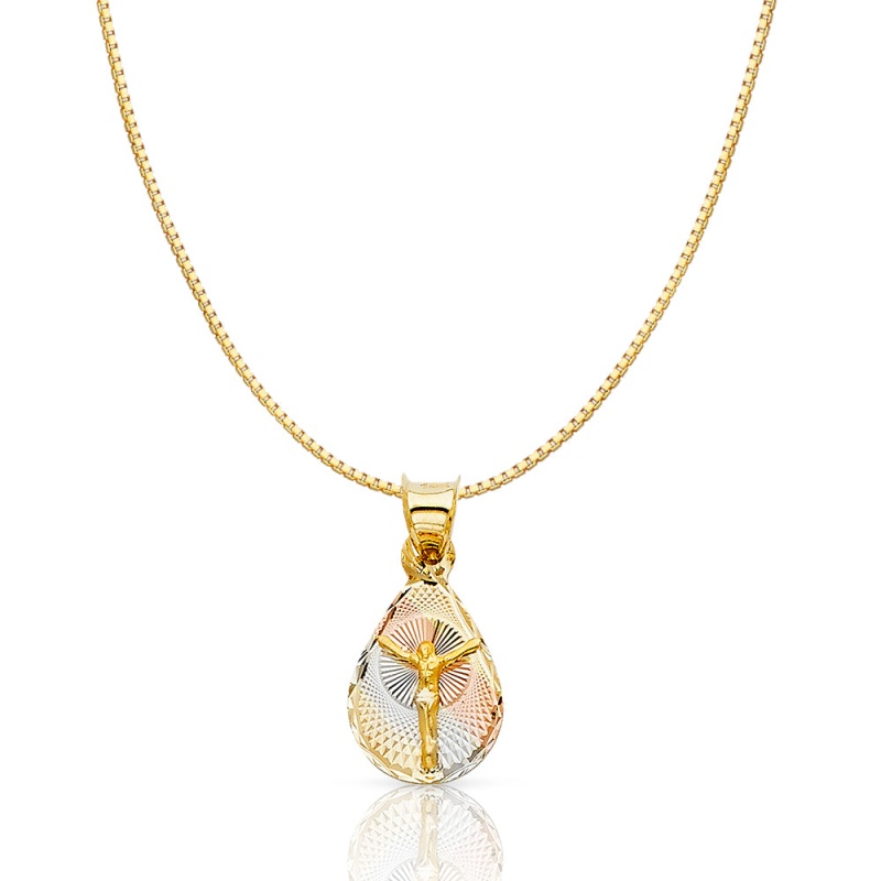 14K Gold Diamond Cut Jesus Crucifix Stamp Religious Charm Pendant With 0.8Mm Box Chain Necklace