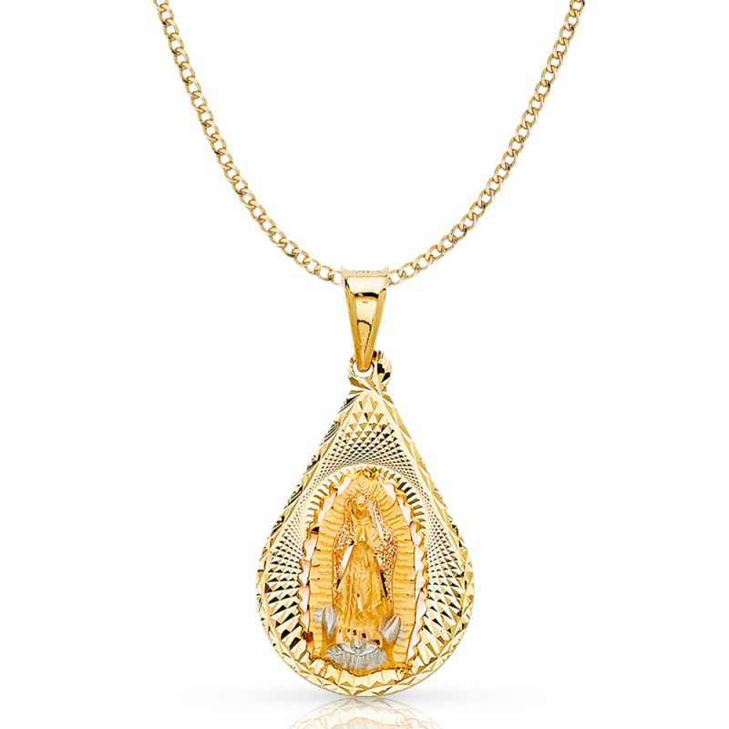 14K Gold Guadalupe Stamp Pendant With 3.4Mm Hollow Cuban Chain