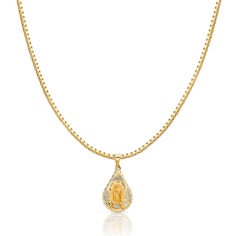 14K Gold Diamond Cut Guadalupe Stamp Religious Charm Pendant With 1.2Mm Box Chain Necklace