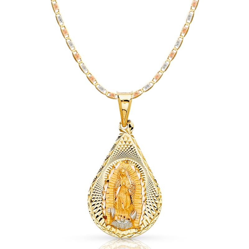 14K Gold Guadalupe Stamp Pendant With 2.6Mm Valentino Star Chain