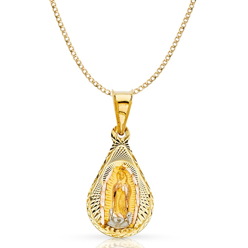 14K Gold Guadalupe Stamp Pendant With 2.3Mm Hollow Cuban Chain
