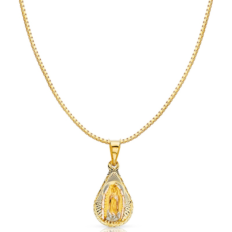14K Gold Diamond Cut Guadalupe Stamp Religious Charm Pendant With 0.8Mm Box Chain Necklace