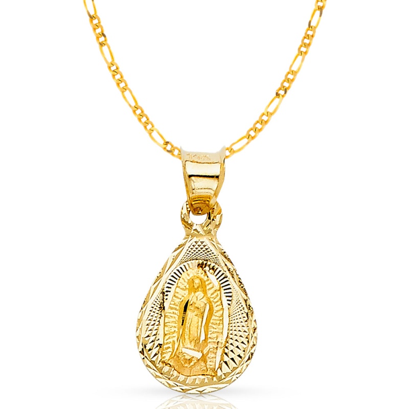 14K Gold Guadalupe Stamp Pendant With 1.6Mm Figaro 3+1 Chain