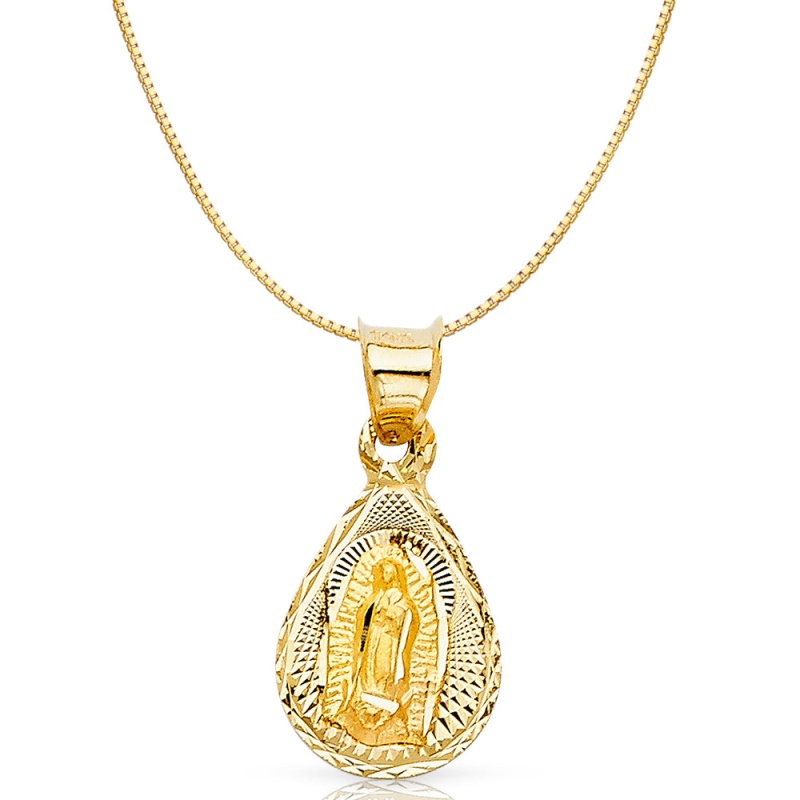 14K Gold Diamond Cut Guadalupe Stamp Religious Charm Pendant With 0.8Mm Box Chain Necklace