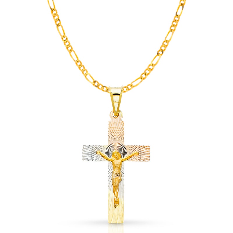 14K Gold Crucifix Jesus Cross Stamp Pendant With 2.3Mm Figaro 3+1 Chain