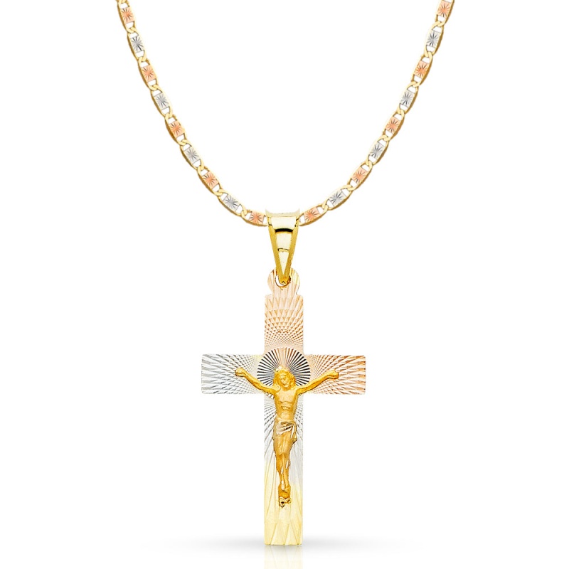 14K Gold Crucifix Jesus Cross Stamp Pendant With 2.6Mm Valentino Star Chain - 16