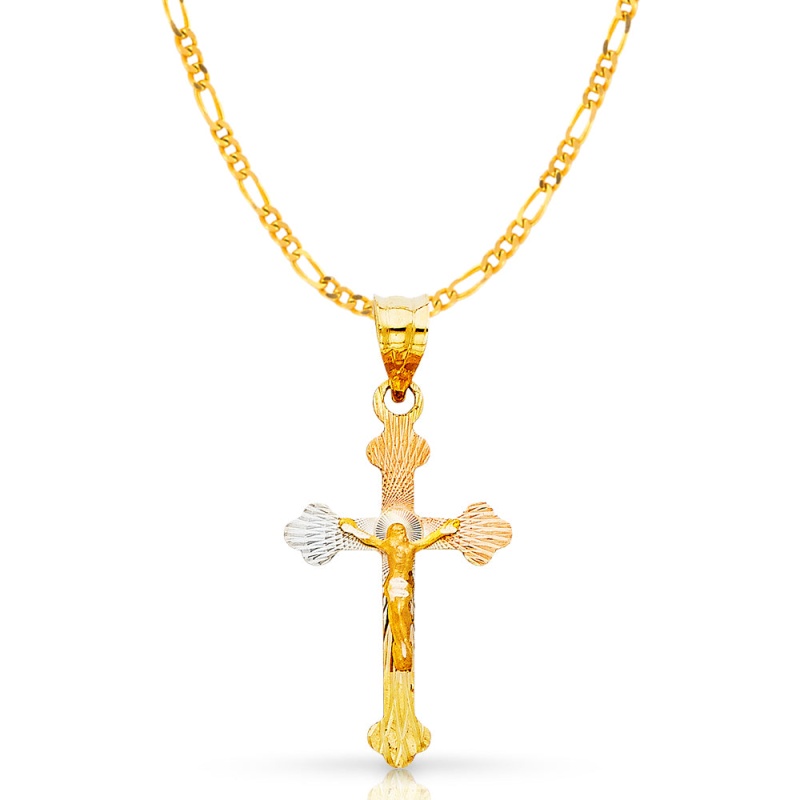 14K Gold Crucifix Jesus Cross Stamp Pendant With 2Mm Figaro 3+1 Chain