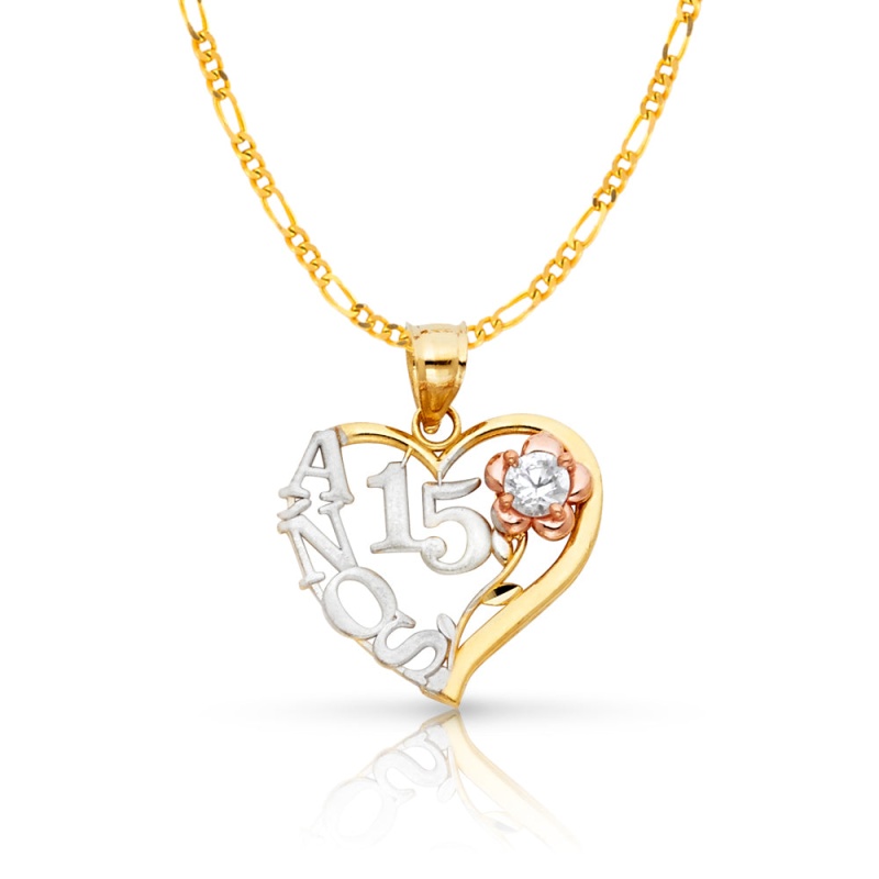 14K Gold Quinceanera Heart Pendant With 2.3Mm Figaro 3+1 Chain