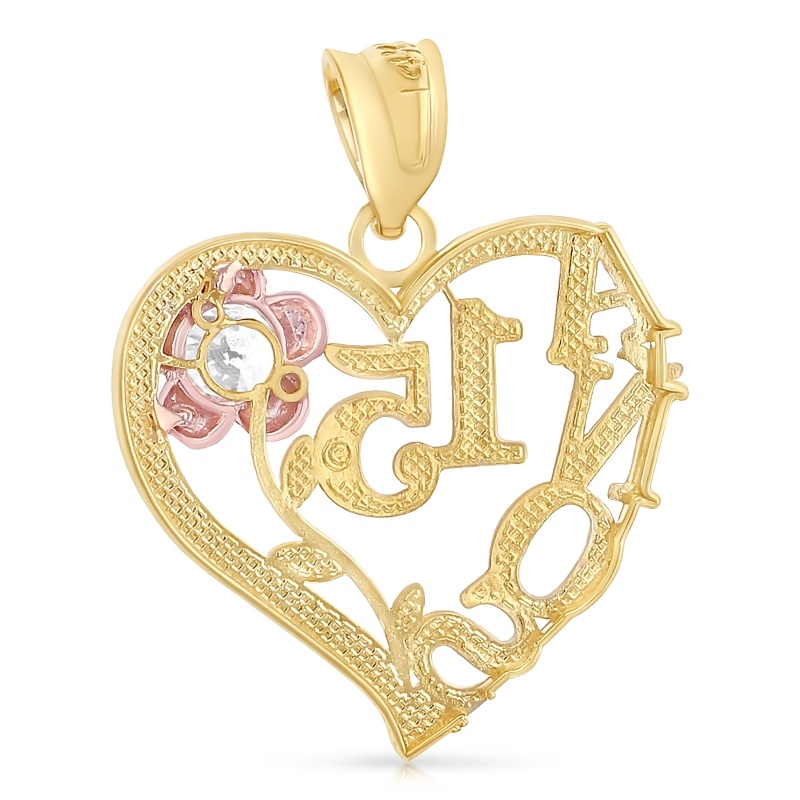 14K Gold 15 Years Birthday Quinceanera Heart Charm Pendant