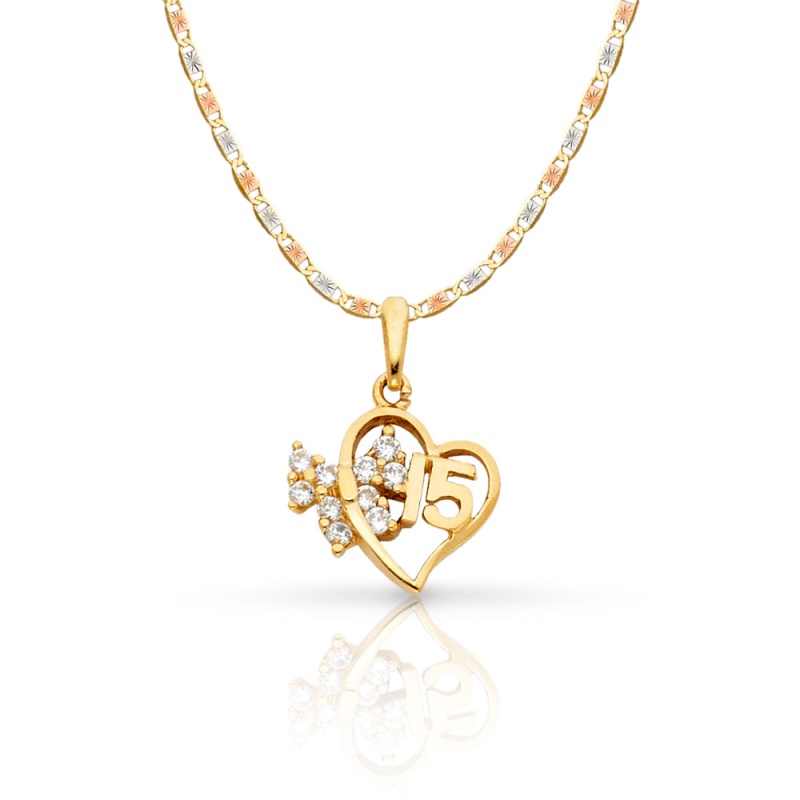 14K Gold Quinceanera Heart Cz Pendant With 1.5Mm Valentino Chain