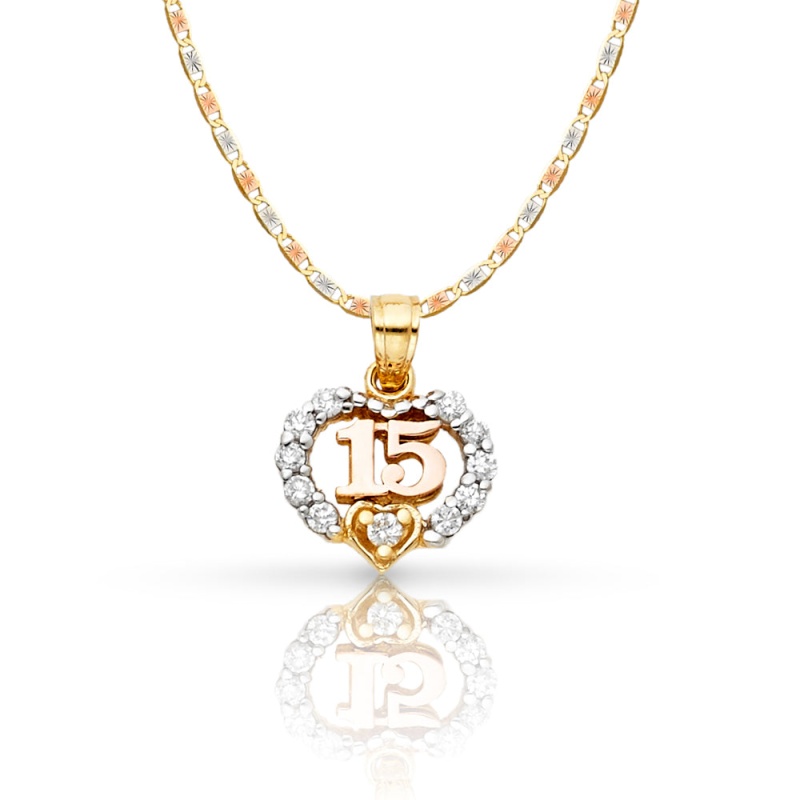 14K Gold Quinceanera Heart Cz Pendant With 1.5Mm Valentino Chain