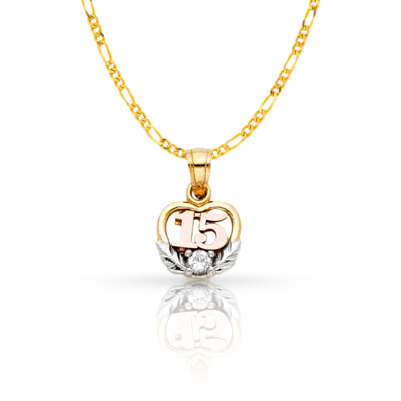 14K Gold Quinceanera Heart Cz Pendant With 1.6Mm Figaro 3+1 Chain