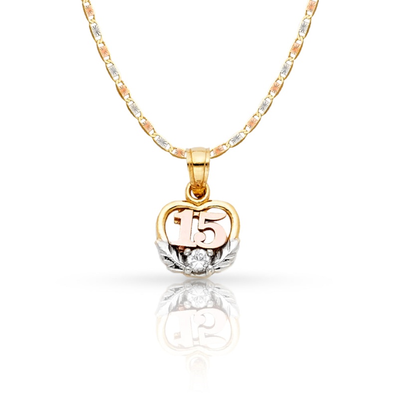 14K Gold Quinceanera Heart Cz Pendant With 1.5Mm Valentino Chain
