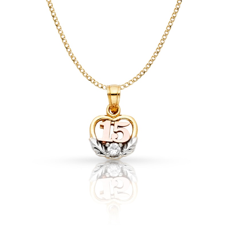 14K Gold Quinceanera Heart Cz Pendant With 2Mm Hollow Cuban Bevel Chain
