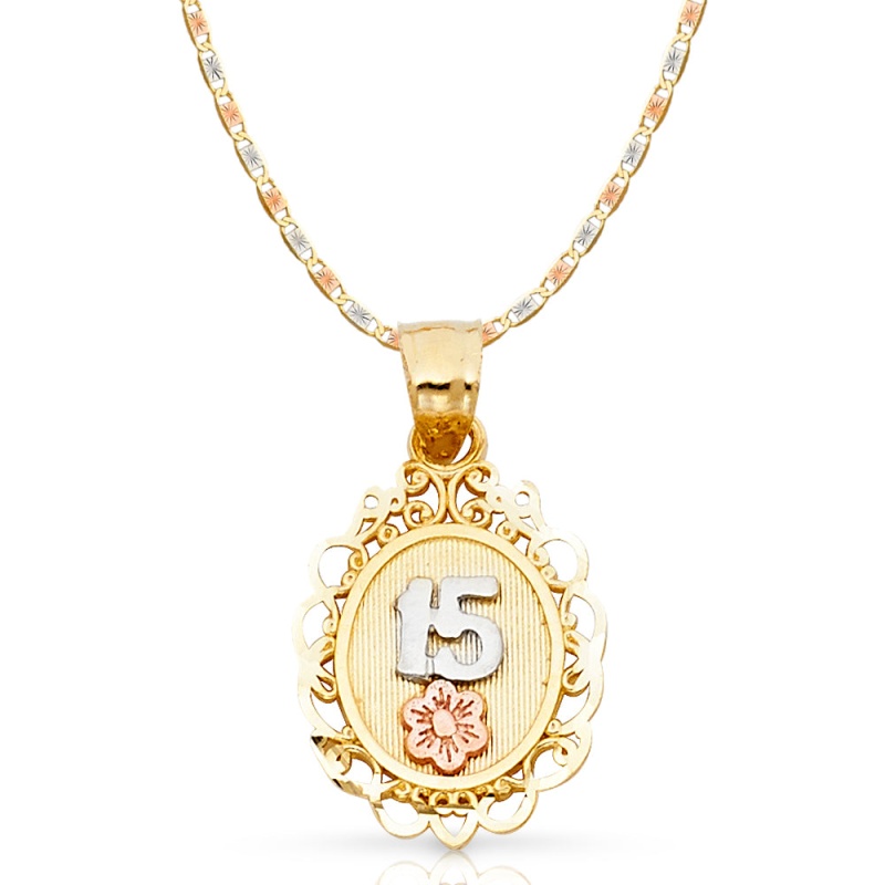 14K Gold Quinceanera Round Pendant With 2.1Mm Valentino Chain