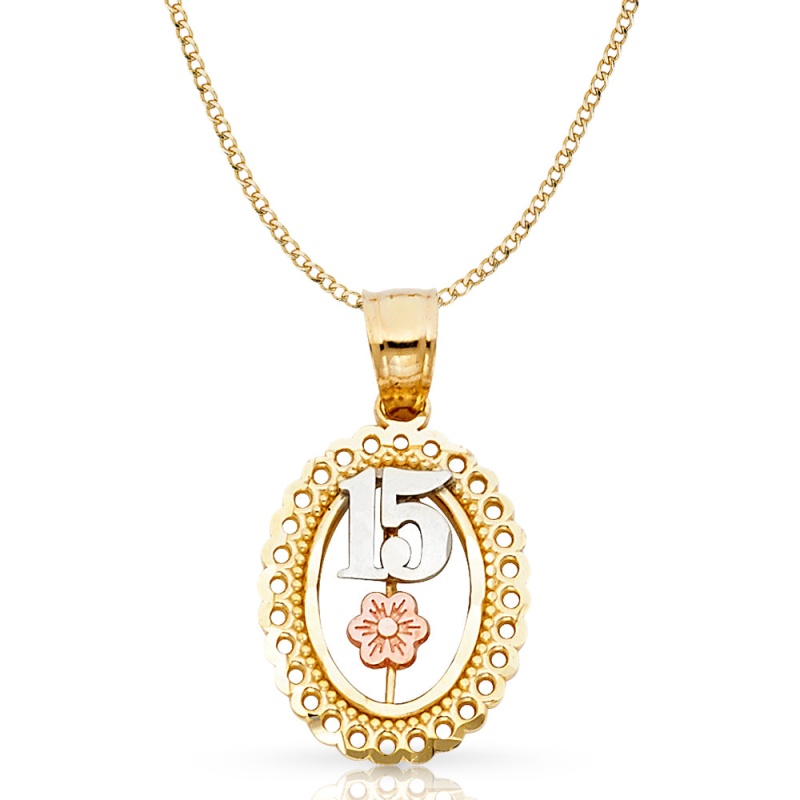 14K Gold Quinceanera Round Pendant With 2.3Mm Hollow Cuban Chain