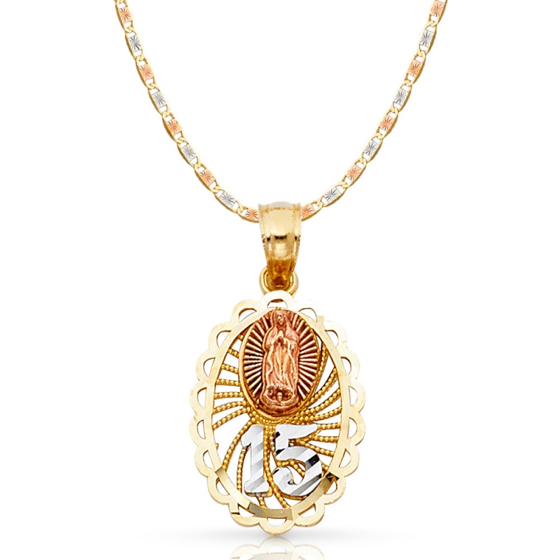 14K Gold Quinceanera Virgin Mary Round Pendant With 2.1Mm Valentino Chain