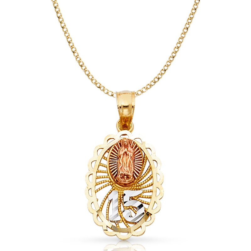 14K Gold Quinceanera Virgin Mary Round Pendant With 2.3Mm Hollow Cuban Chain
