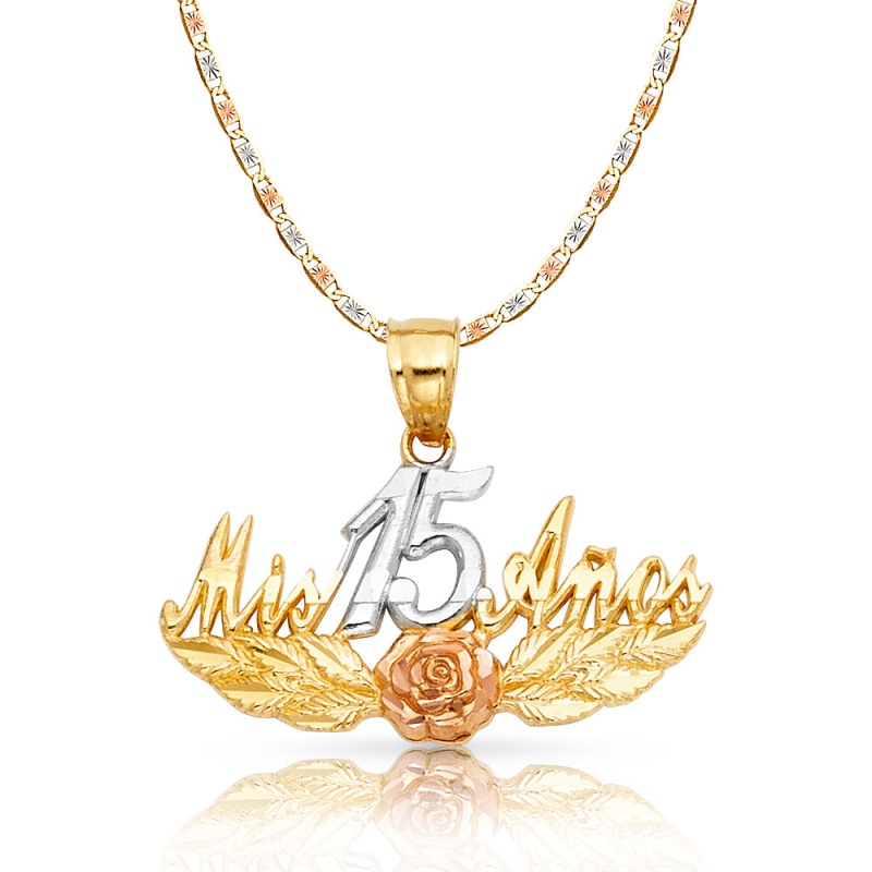 14K Gold Quinceanera Mis 15 Anos Pendant With 2.1Mm Valentino Chain