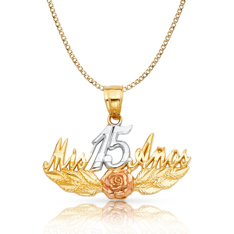 14K Gold Quinceanera Mis 15 Anos Pendant With 2.3Mm Hollow Cuban Chain