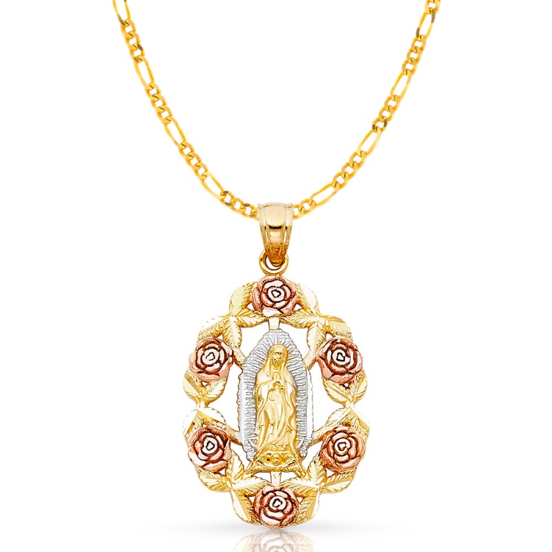 14K Gold Guadalupe Pendant With 2.3Mm Figaro 3+1 Chain