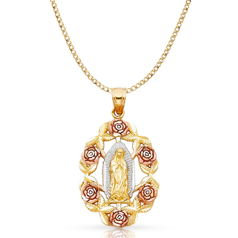 14K Gold Guadalupe Pendant With 3.4Mm Hollow Cuban Chain