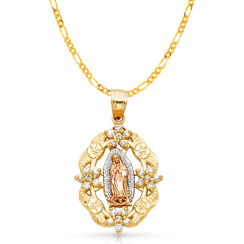 14K Gold Guadalupe Cz Pendant With 2.3Mm Figaro 3+1 Chain