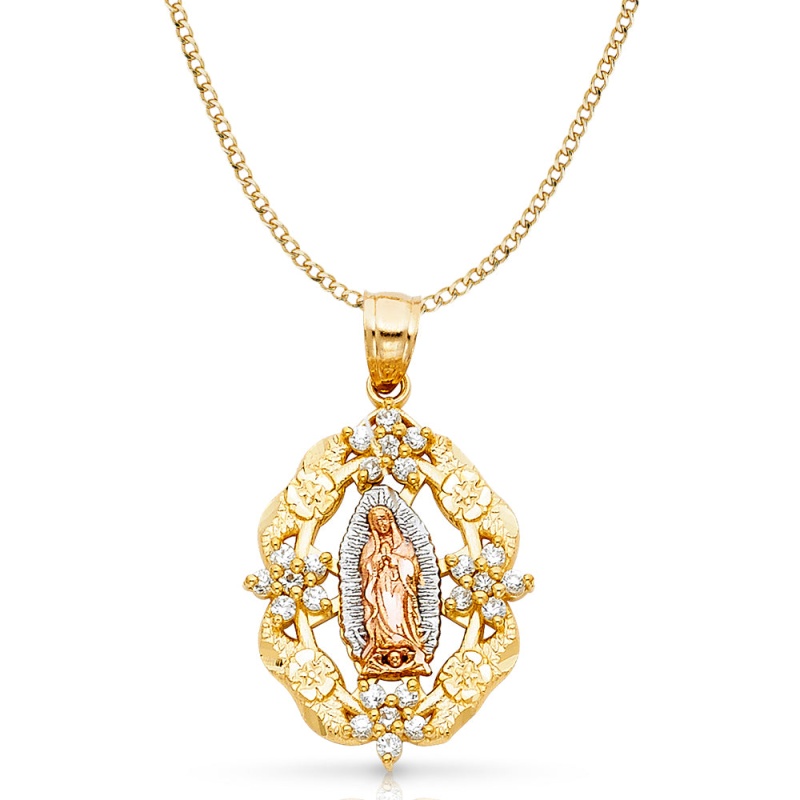 14K Gold Guadalupe Cz Pendant With 3.4Mm Hollow Cuban Chain