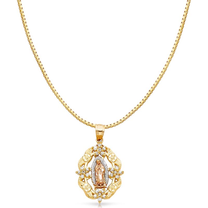 14K Gold Religious Guadalupe Cz Charm Pendant With 0.8Mm Box Chain Necklace